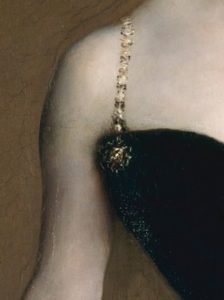 Detail of Madame X (Madame Pierre Gautreau), John Singer Sargent, 1884, showing saponification in the black dress.