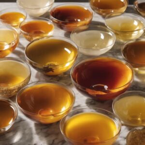 Clear glass bowls filled with oils of various hues